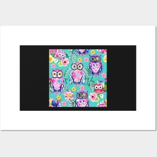 Funky owls on turquoise Posters and Art